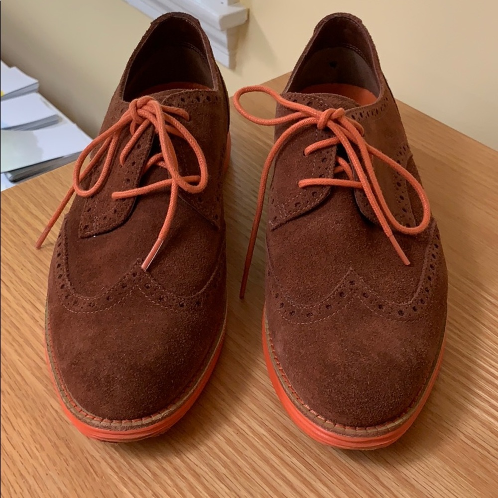 Cole-Haan Brown Suede Oxfords with Fun Orange Sole